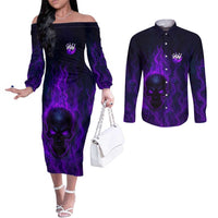 Custom Bowling Purple Flame Skull Couples Matching Off The Shoulder Long Sleeve Dress and Long Sleeve Button Shirt Custom Team Name on Dark Background - Wonder Print Shop
