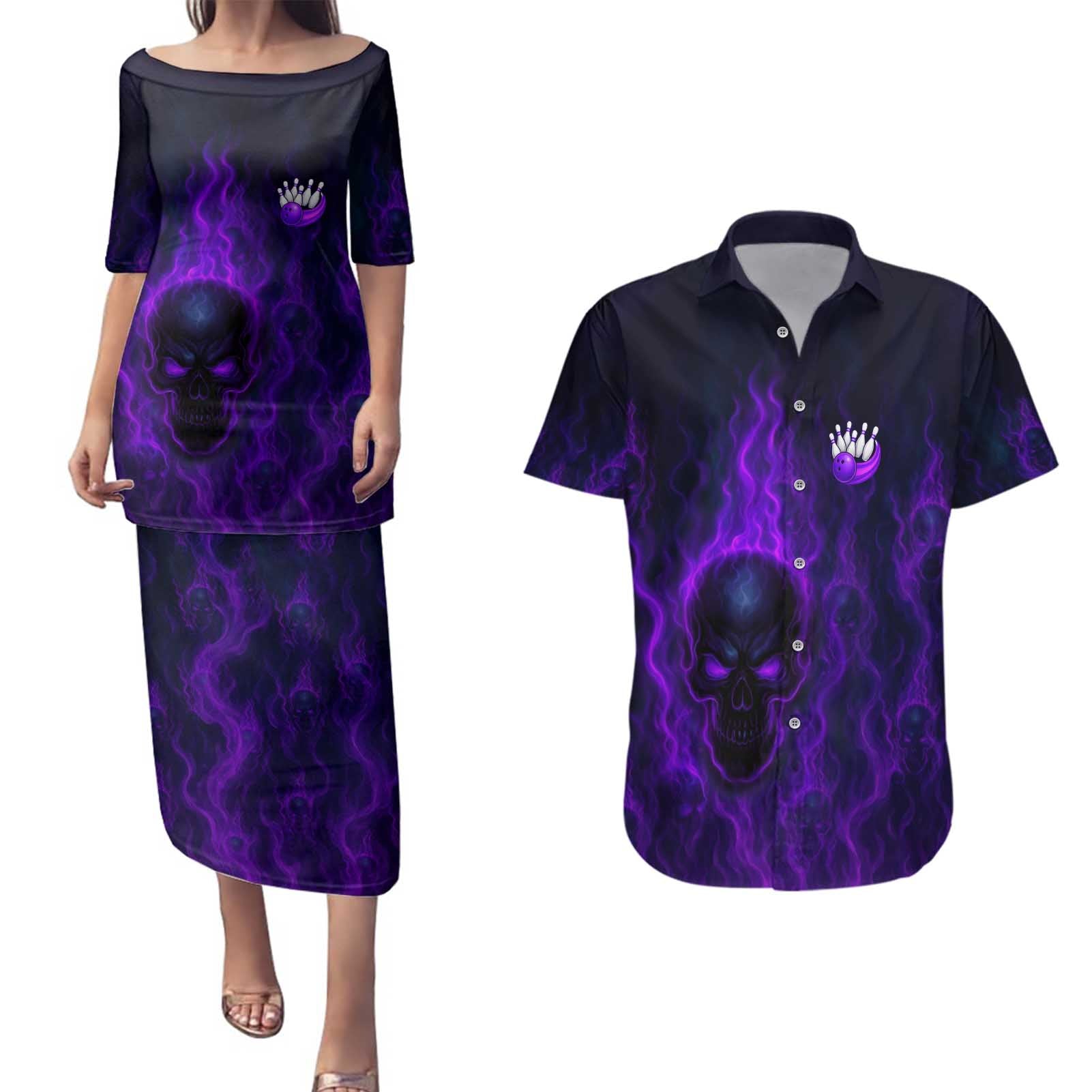 Custom Bowling Purple Flame Skull Couples Matching Puletasi and Hawaiian Shirt Custom Team Name on Dark Background - Wonder Print Shop