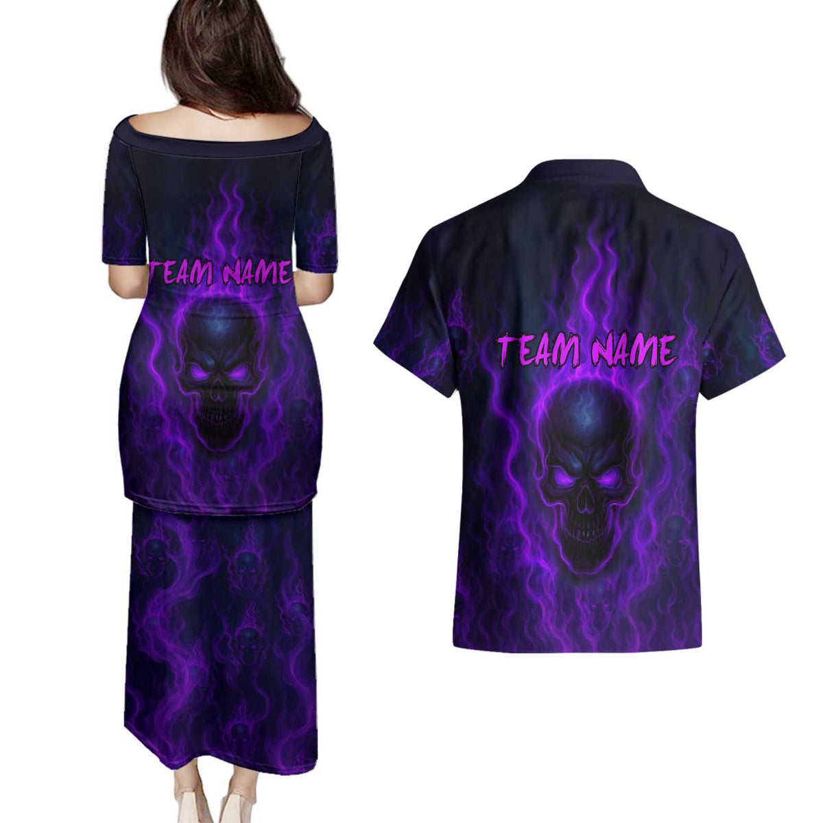 Custom Bowling Purple Flame Skull Couples Matching Puletasi and Hawaiian Shirt Custom Team Name on Dark Background - Wonder Print Shop