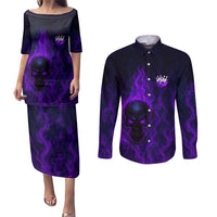 Custom Bowling Purple Flame Skull Couples Matching Puletasi and Long Sleeve Button Shirt Custom Team Name on Dark Background - Wonder Print Shop