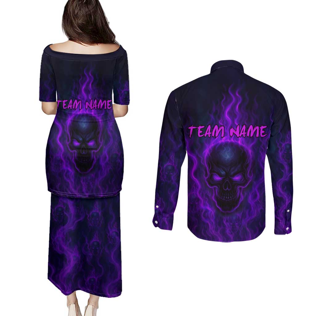 Custom Bowling Purple Flame Skull Couples Matching Puletasi and Long Sleeve Button Shirt Custom Team Name on Dark Background - Wonder Print Shop