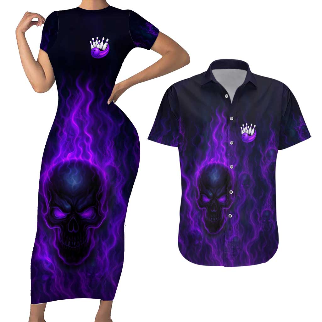 Custom Bowling Purple Flame Skull Couples Matching Short Sleeve Bodycon Dress and Hawaiian Shirt Custom Team Name on Dark Background - Wonder Print Shop