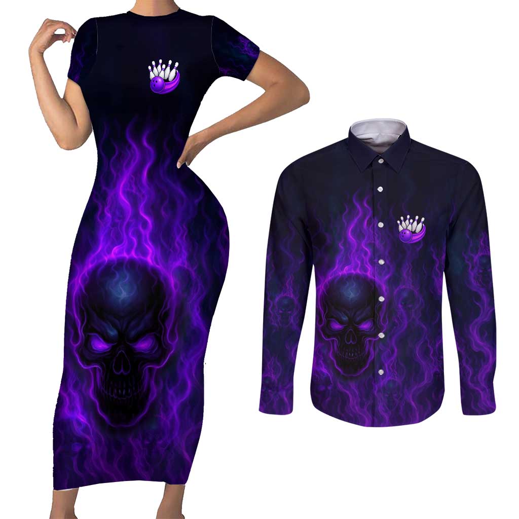 Custom Bowling Purple Flame Skull Couples Matching Short Sleeve Bodycon Dress and Long Sleeve Button Shirt Custom Team Name on Dark Background - Wonder Print Shop