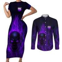 Custom Bowling Purple Flame Skull Couples Matching Short Sleeve Bodycon Dress and Long Sleeve Button Shirt Custom Team Name on Dark Background - Wonder Print Shop