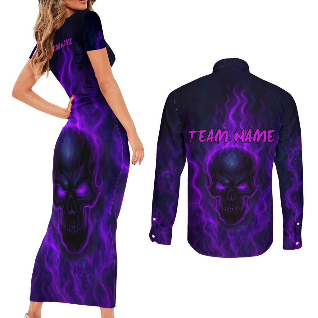 Custom Bowling Purple Flame Skull Couples Matching Short Sleeve Bodycon Dress and Long Sleeve Button Shirt Custom Team Name on Dark Background - Wonder Print Shop