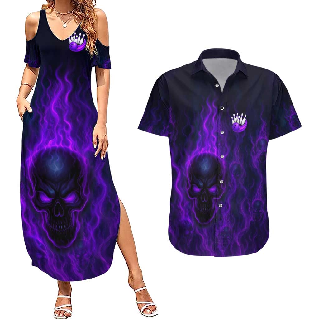 Custom Bowling Purple Flame Skull Couples Matching Summer Maxi Dress and Hawaiian Shirt Custom Team Name on Dark Background - Wonder Print Shop
