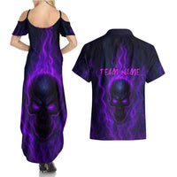 Custom Bowling Purple Flame Skull Couples Matching Summer Maxi Dress and Hawaiian Shirt Custom Team Name on Dark Background - Wonder Print Shop