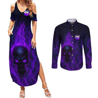 Custom Bowling Purple Flame Skull Couples Matching Summer Maxi Dress and Long Sleeve Button Shirt Custom Team Name on Dark Background - Wonder Print Shop