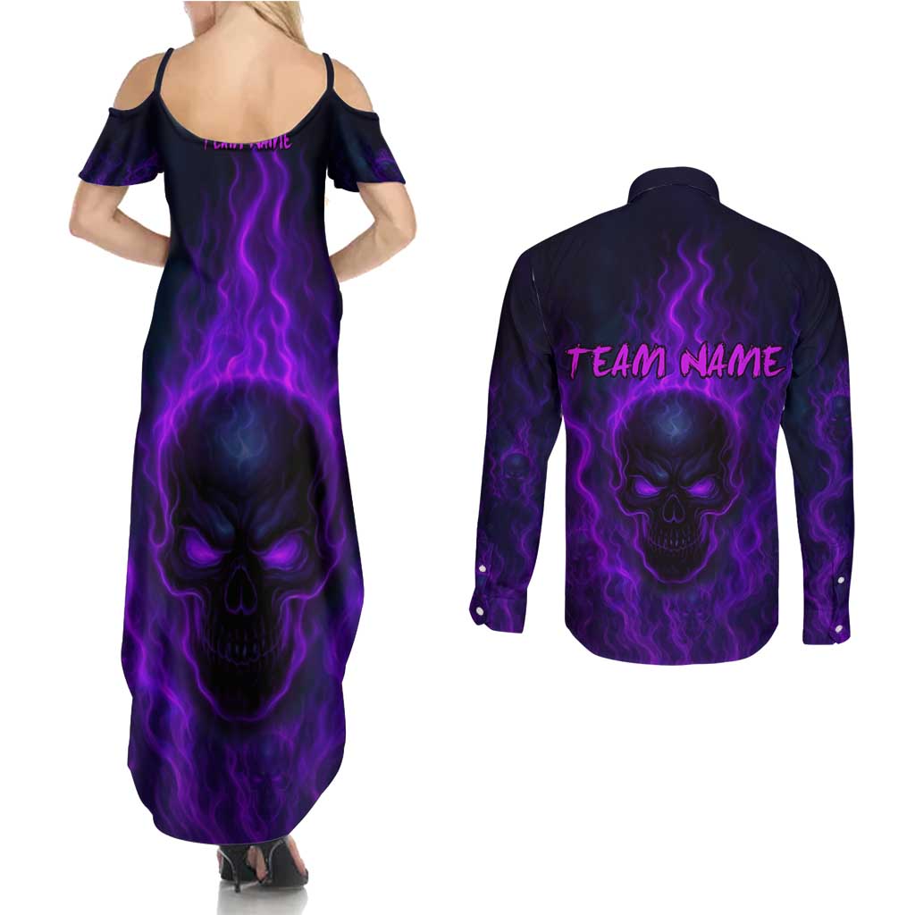 Custom Bowling Purple Flame Skull Couples Matching Summer Maxi Dress and Long Sleeve Button Shirt Custom Team Name on Dark Background - Wonder Print Shop