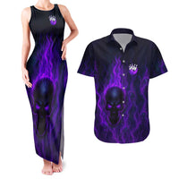Custom Bowling Purple Flame Skull Couples Matching Tank Maxi Dress and Hawaiian Shirt Custom Team Name on Dark Background - Wonder Print Shop