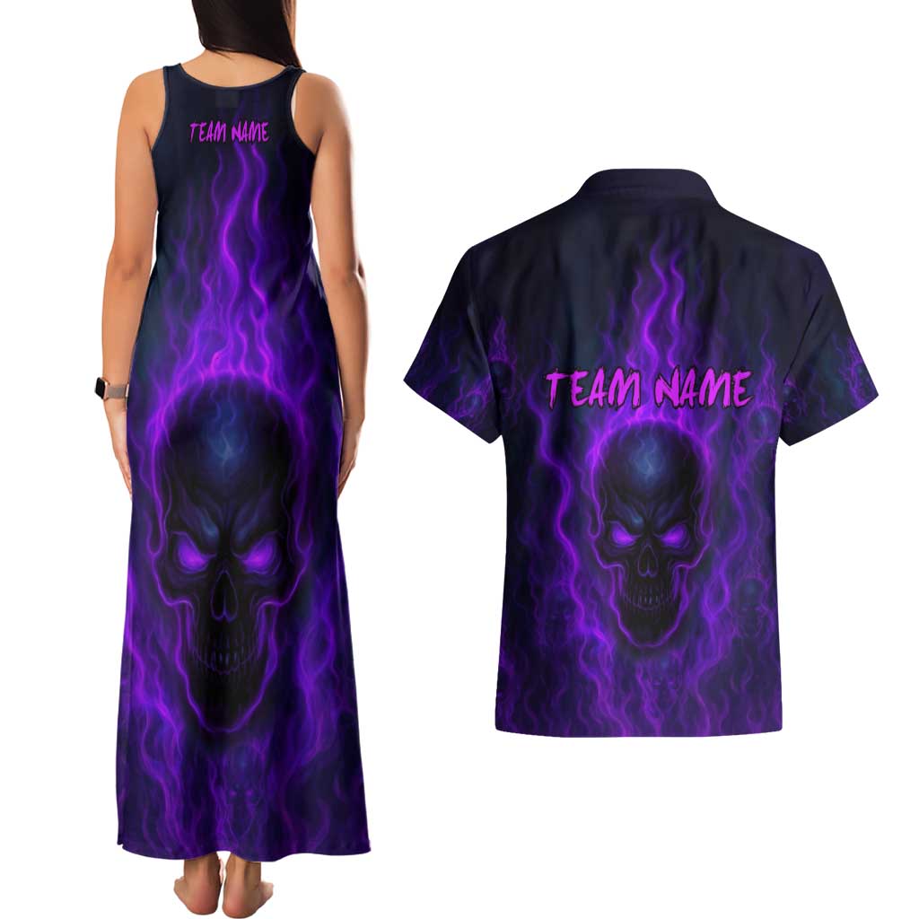 Custom Bowling Purple Flame Skull Couples Matching Tank Maxi Dress and Hawaiian Shirt Custom Team Name on Dark Background - Wonder Print Shop