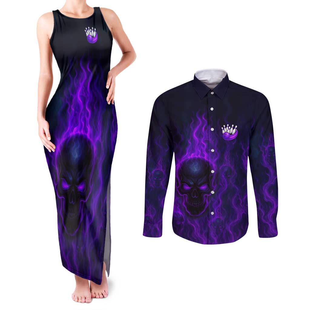 Custom Bowling Purple Flame Skull Couples Matching Tank Maxi Dress and Long Sleeve Button Shirt Custom Team Name on Dark Background - Wonder Print Shop