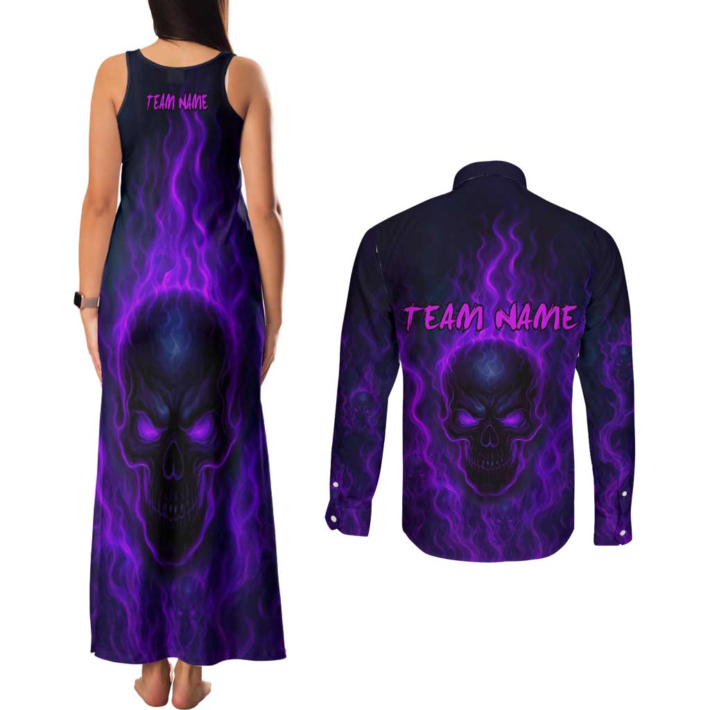 Custom Bowling Purple Flame Skull Couples Matching Tank Maxi Dress and Long Sleeve Button Shirt Custom Team Name on Dark Background - Wonder Print Shop