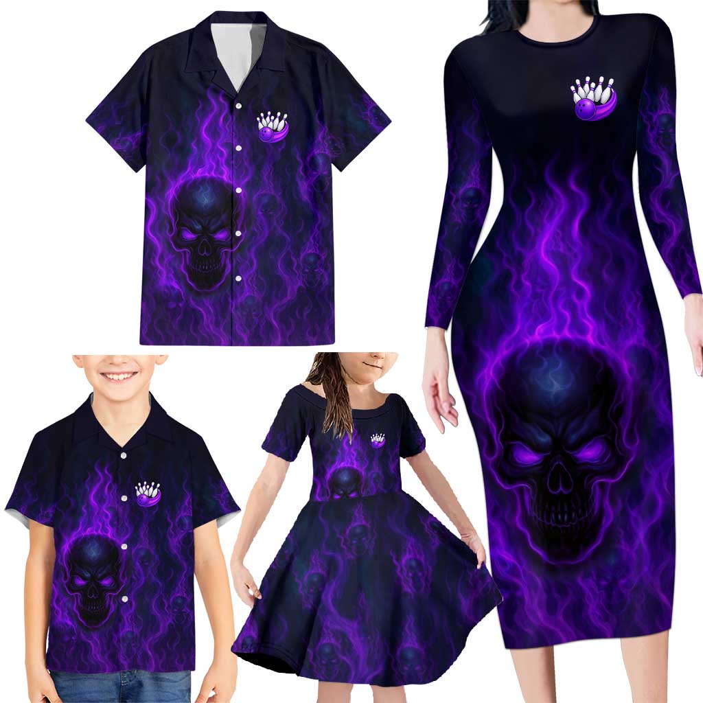 Custom Bowling Purple Flame Skull Family Matching Long Sleeve Bodycon Dress and Hawaiian Shirt Custom Team Name on Dark Background - Wonder Print Shop