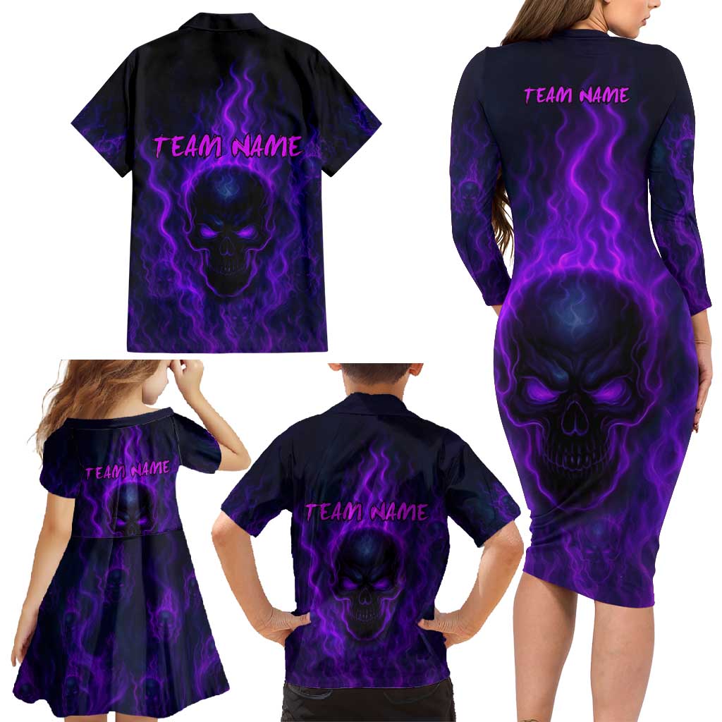 Custom Bowling Purple Flame Skull Family Matching Long Sleeve Bodycon Dress and Hawaiian Shirt Custom Team Name on Dark Background - Wonder Print Shop