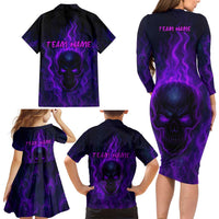 Custom Bowling Purple Flame Skull Family Matching Long Sleeve Bodycon Dress and Hawaiian Shirt Custom Team Name on Dark Background - Wonder Print Shop