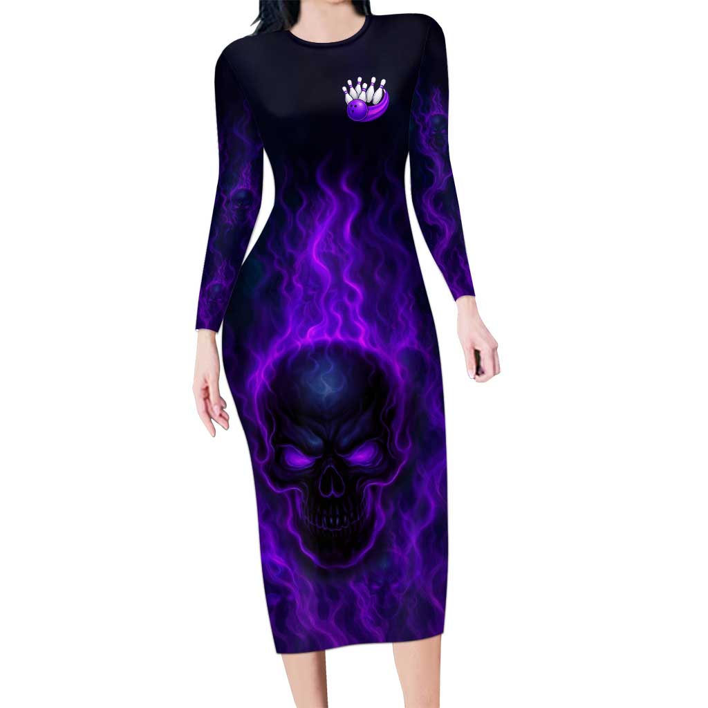 Custom Bowling Purple Flame Skull Family Matching Long Sleeve Bodycon Dress and Hawaiian Shirt Custom Team Name on Dark Background - Wonder Print Shop