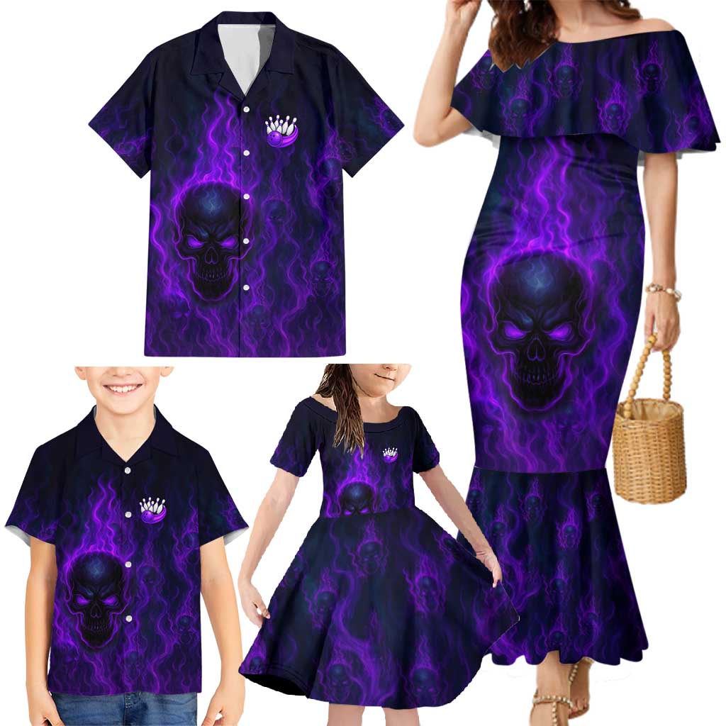 Custom Bowling Purple Flame Skull Family Matching Mermaid Dress and Hawaiian Shirt Custom Team Name on Dark Background - Wonder Print Shop