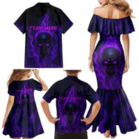 Custom Bowling Purple Flame Skull Family Matching Mermaid Dress and Hawaiian Shirt Custom Team Name on Dark Background - Wonder Print Shop