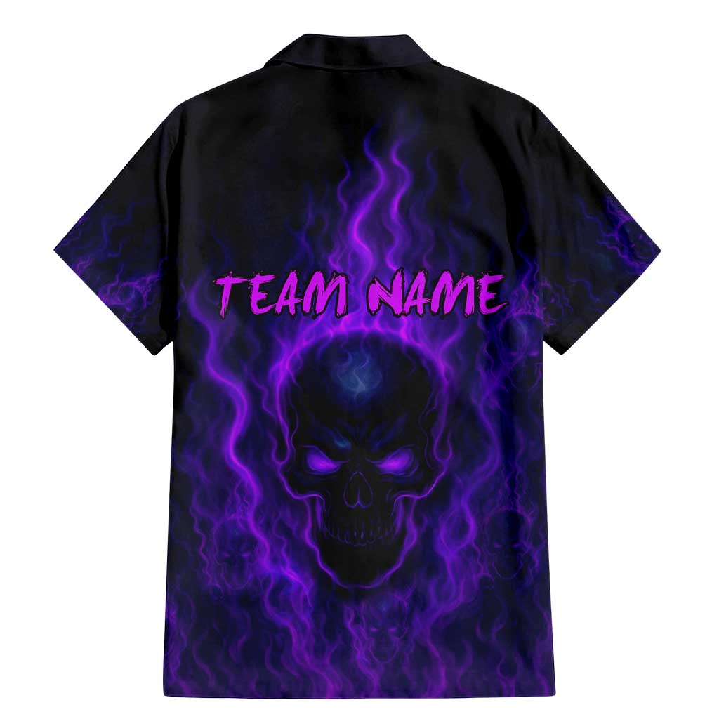 Custom Bowling Purple Flame Skull Family Matching Mermaid Dress and Hawaiian Shirt Custom Team Name on Dark Background - Wonder Print Shop