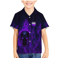 Custom Bowling Purple Flame Skull Family Matching Mermaid Dress and Hawaiian Shirt Custom Team Name on Dark Background - Wonder Print Shop