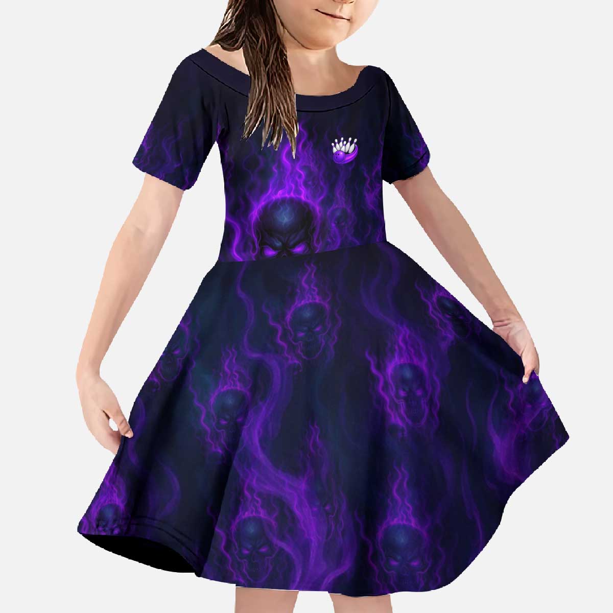 Custom Bowling Purple Flame Skull Family Matching Off The Shoulder Long Sleeve Dress and Hawaiian Shirt Custom Team Name on Dark Background - Wonder Print Shop