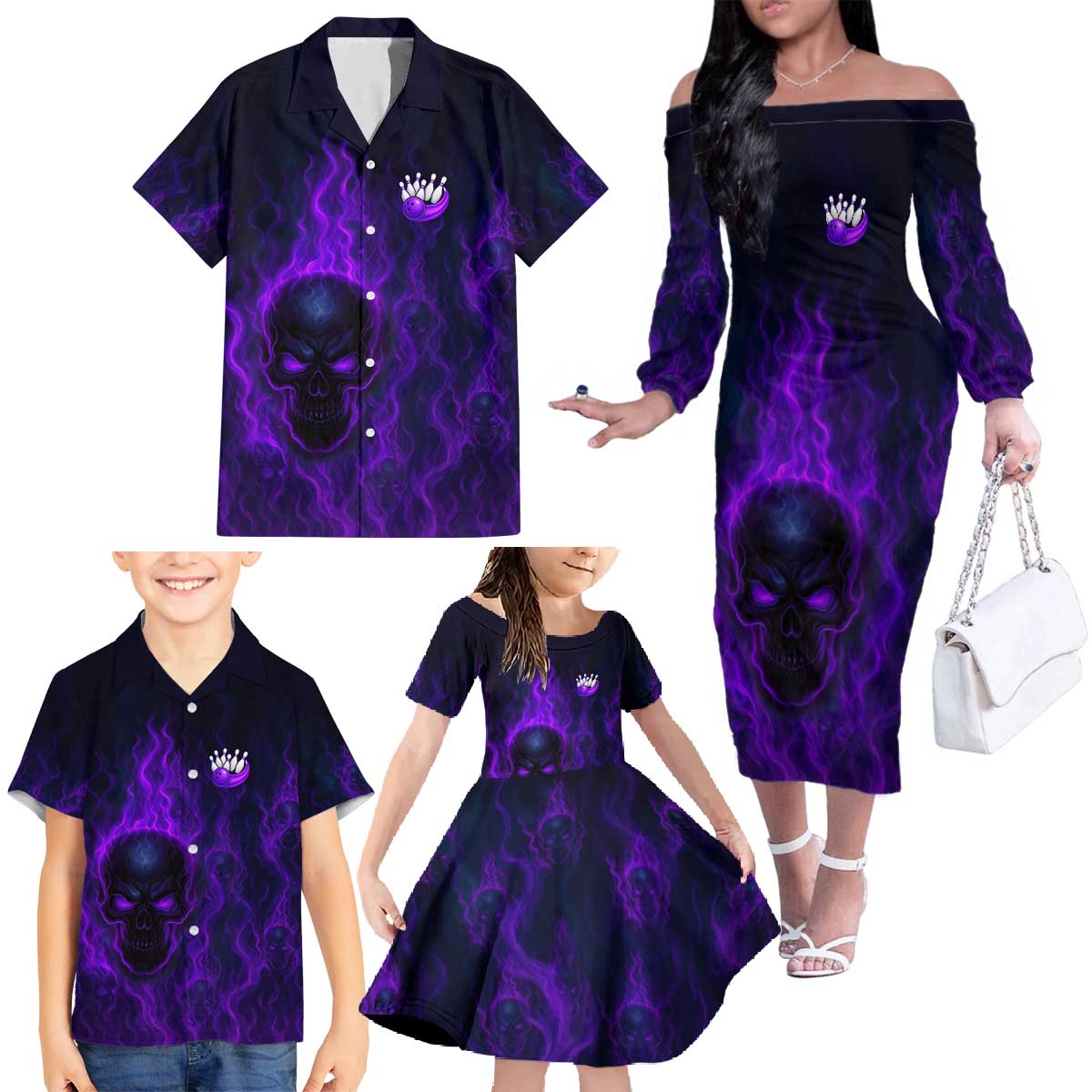 Custom Bowling Purple Flame Skull Family Matching Off The Shoulder Long Sleeve Dress and Hawaiian Shirt Custom Team Name on Dark Background - Wonder Print Shop