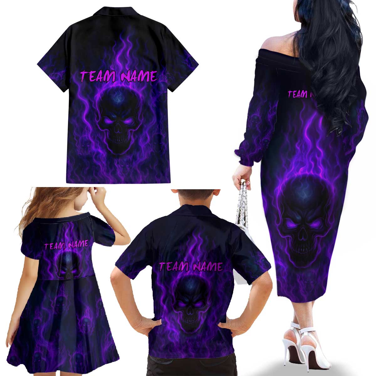 Custom Bowling Purple Flame Skull Family Matching Off The Shoulder Long Sleeve Dress and Hawaiian Shirt Custom Team Name on Dark Background - Wonder Print Shop