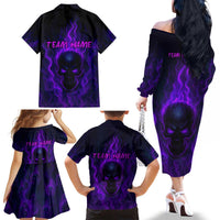 Custom Bowling Purple Flame Skull Family Matching Off The Shoulder Long Sleeve Dress and Hawaiian Shirt Custom Team Name on Dark Background - Wonder Print Shop