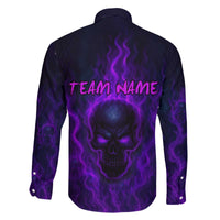 Custom Bowling Purple Flame Skull Family Matching Off The Shoulder Long Sleeve Dress and Hawaiian Shirt Custom Team Name on Dark Background - Wonder Print Shop