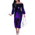 Custom Bowling Purple Flame Skull Family Matching Off The Shoulder Long Sleeve Dress and Hawaiian Shirt Custom Team Name on Dark Background - Wonder Print Shop