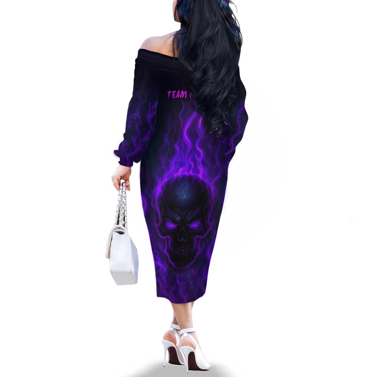 Custom Bowling Purple Flame Skull Family Matching Off The Shoulder Long Sleeve Dress and Hawaiian Shirt Custom Team Name on Dark Background - Wonder Print Shop