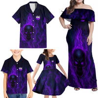 Custom Bowling Purple Flame Skull Family Matching Off Shoulder Maxi Dress and Hawaiian Shirt Custom Team Name on Dark Background - Wonder Print Shop