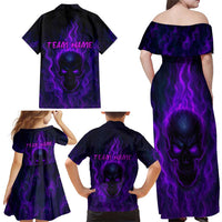 Custom Bowling Purple Flame Skull Family Matching Off Shoulder Maxi Dress and Hawaiian Shirt Custom Team Name on Dark Background - Wonder Print Shop