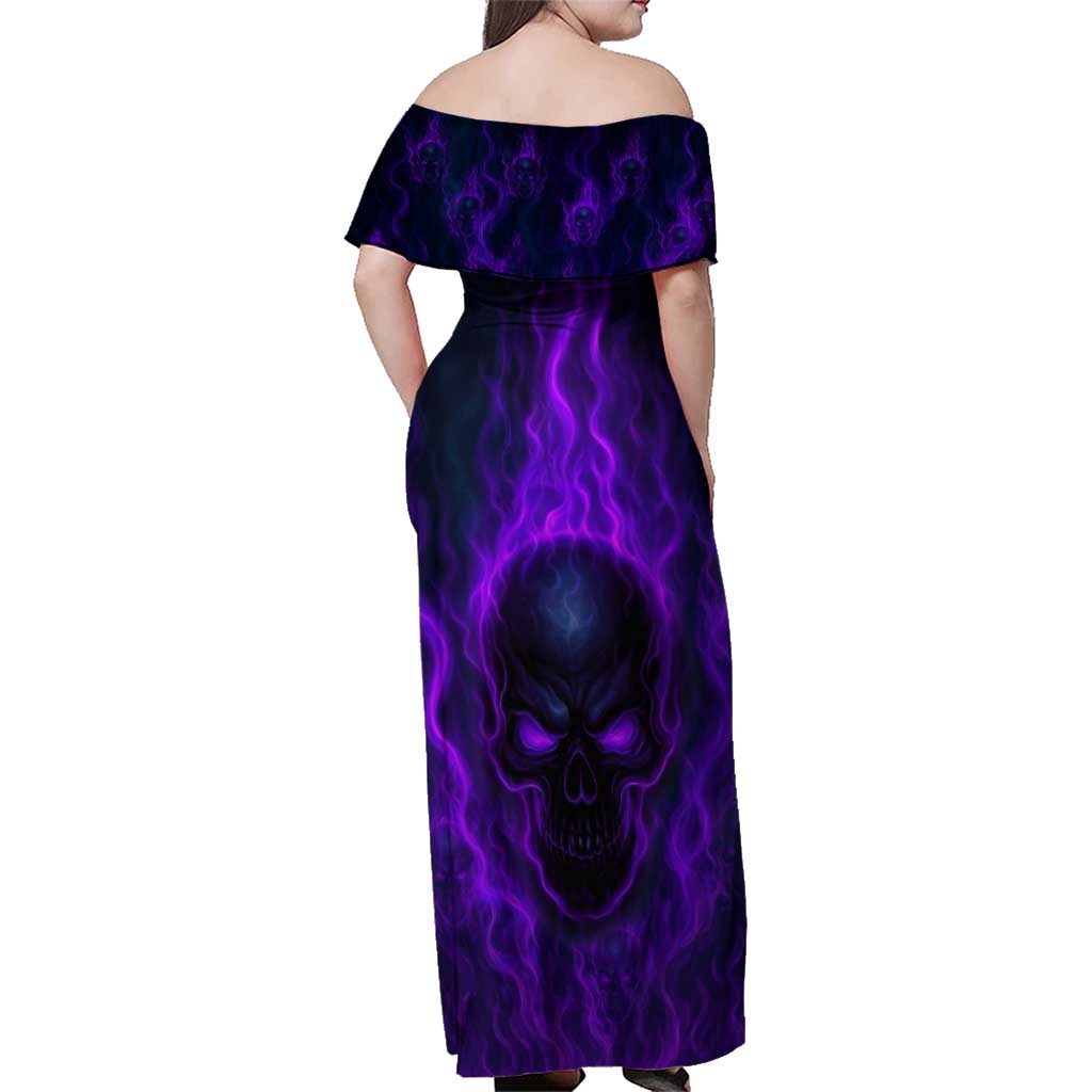 Custom Bowling Purple Flame Skull Family Matching Off Shoulder Maxi Dress and Hawaiian Shirt Custom Team Name on Dark Background - Wonder Print Shop