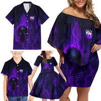 Custom Bowling Purple Flame Skull Family Matching Off Shoulder Short Dress and Hawaiian Shirt Custom Team Name on Dark Background - Wonder Print Shop