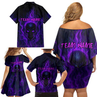 Custom Bowling Purple Flame Skull Family Matching Off Shoulder Short Dress and Hawaiian Shirt Custom Team Name on Dark Background - Wonder Print Shop