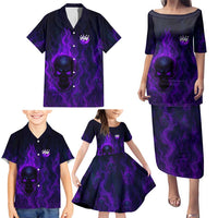 Custom Bowling Purple Flame Skull Family Matching Puletasi and Hawaiian Shirt Custom Team Name on Dark Background - Wonder Print Shop
