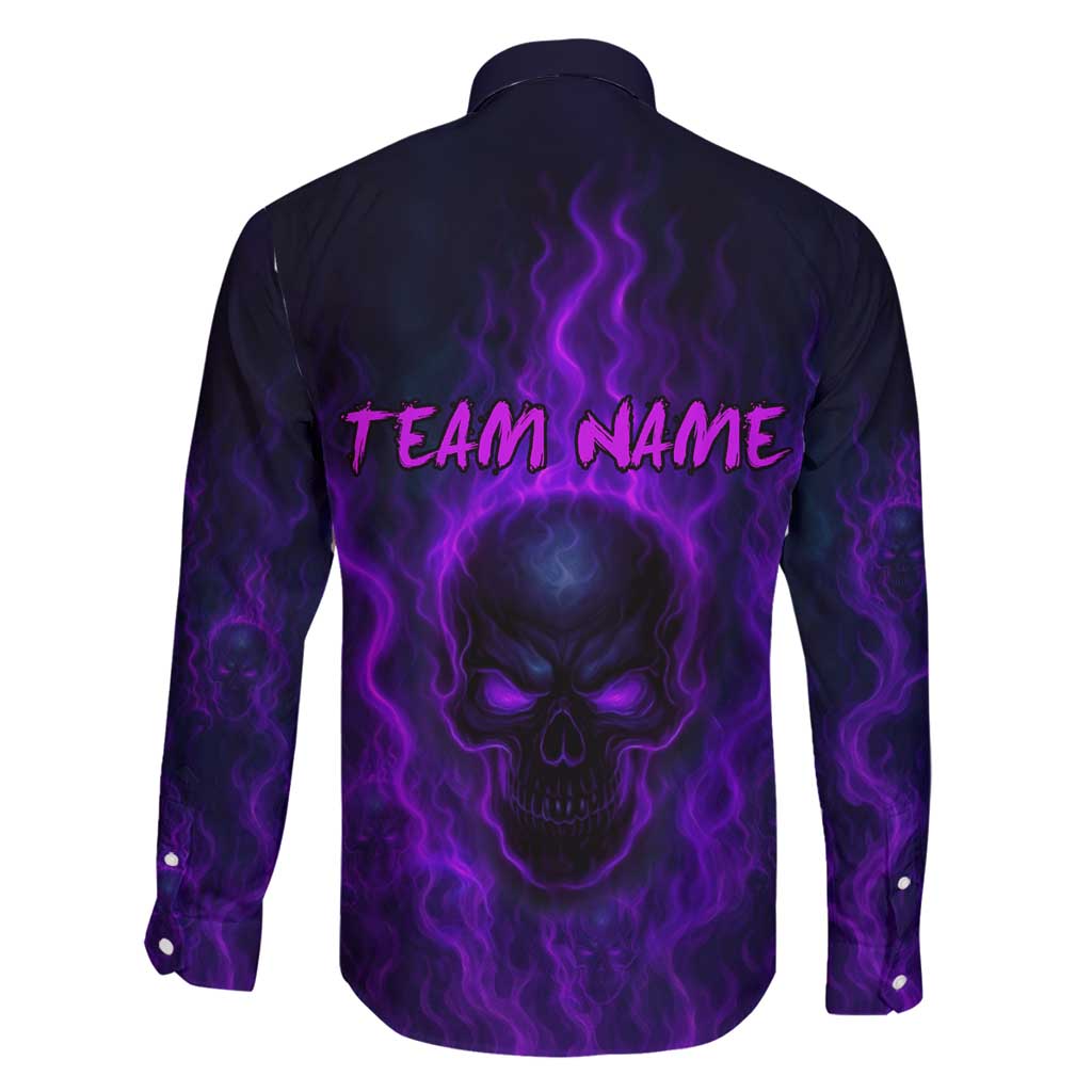 Custom Bowling Purple Flame Skull Family Matching Puletasi and Hawaiian Shirt Custom Team Name on Dark Background - Wonder Print Shop