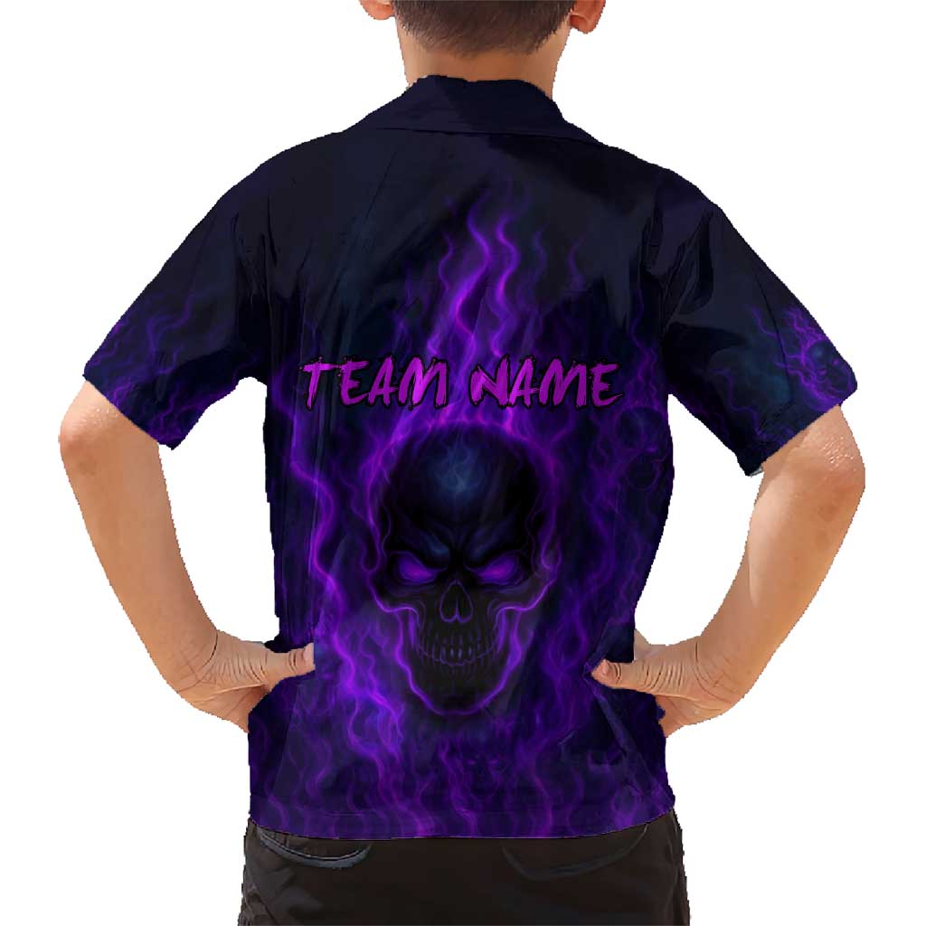 Custom Bowling Purple Flame Skull Family Matching Short Sleeve Bodycon Dress and Hawaiian Shirt Custom Team Name on Dark Background - Wonder Print Shop