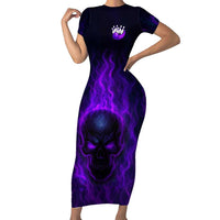 Custom Bowling Purple Flame Skull Family Matching Short Sleeve Bodycon Dress and Hawaiian Shirt Custom Team Name on Dark Background - Wonder Print Shop