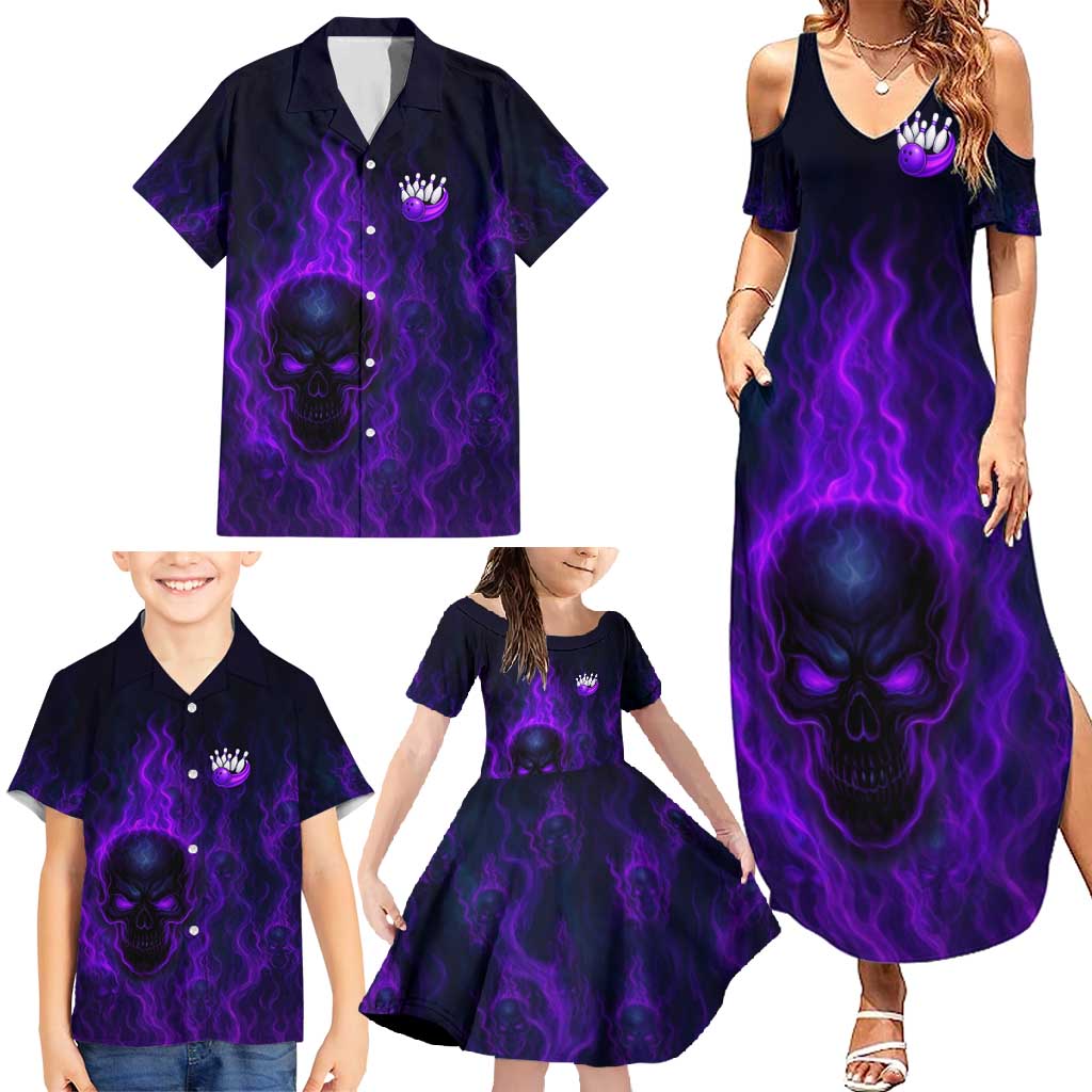 Custom Bowling Purple Flame Skull Family Matching Summer Maxi Dress and Hawaiian Shirt Custom Team Name on Dark Background - Wonder Print Shop