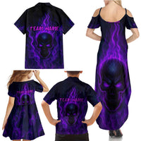 Custom Bowling Purple Flame Skull Family Matching Summer Maxi Dress and Hawaiian Shirt Custom Team Name on Dark Background - Wonder Print Shop