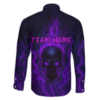 Custom Bowling Purple Flame Skull Family Matching Summer Maxi Dress and Hawaiian Shirt Custom Team Name on Dark Background - Wonder Print Shop