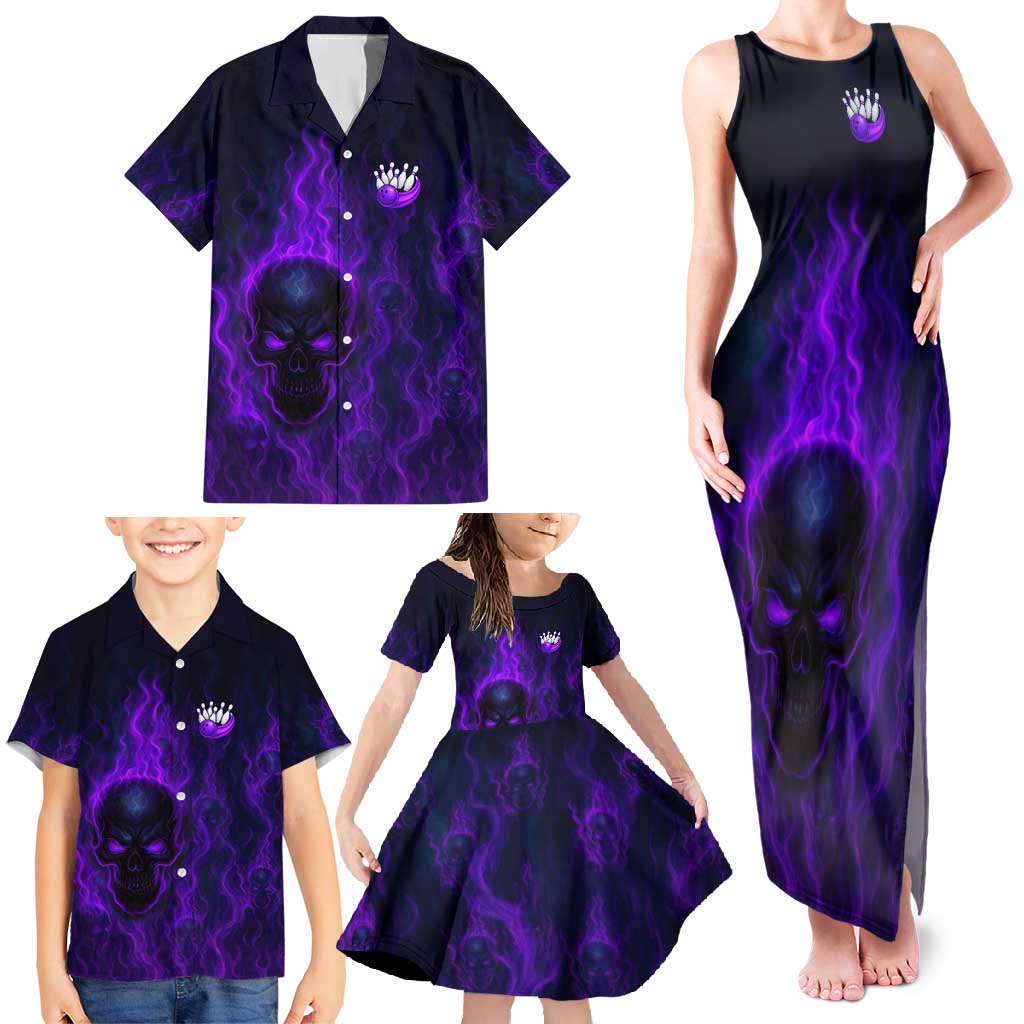Custom Bowling Purple Flame Skull Family Matching Tank Maxi Dress and Hawaiian Shirt Custom Team Name on Dark Background - Wonder Print Shop
