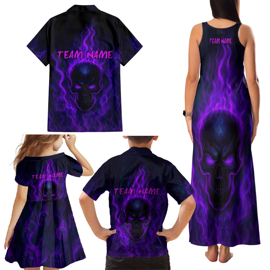 Custom Bowling Purple Flame Skull Family Matching Tank Maxi Dress and Hawaiian Shirt Custom Team Name on Dark Background - Wonder Print Shop