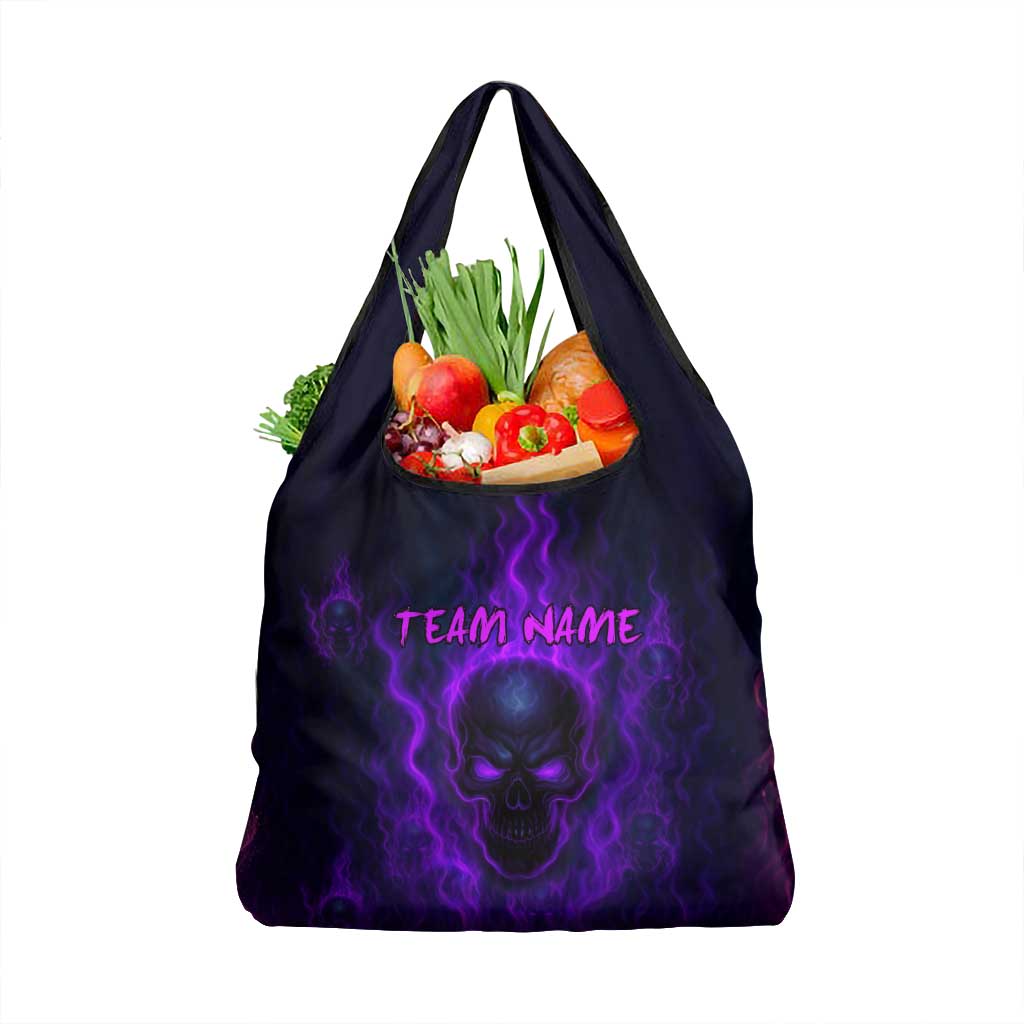 Custom Bowling Purple Flame Skull Grocery Bag Custom Team Name on Dark Background - Wonder Print Shop