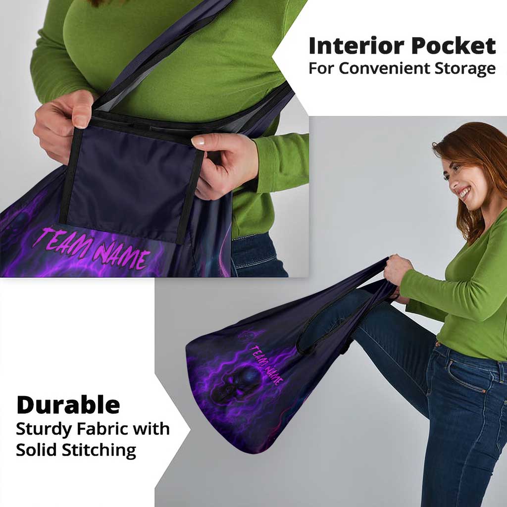 Custom Bowling Purple Flame Skull Grocery Bag Custom Team Name on Dark Background - Wonder Print Shop