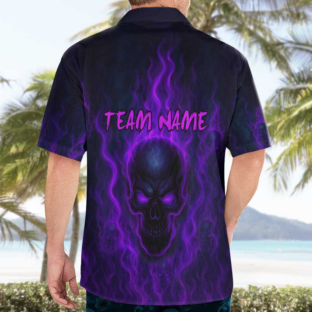 Custom Bowling Purple Flame Skull Hawaiian Shirt Custom Team Name on Dark Background - Wonder Print Shop