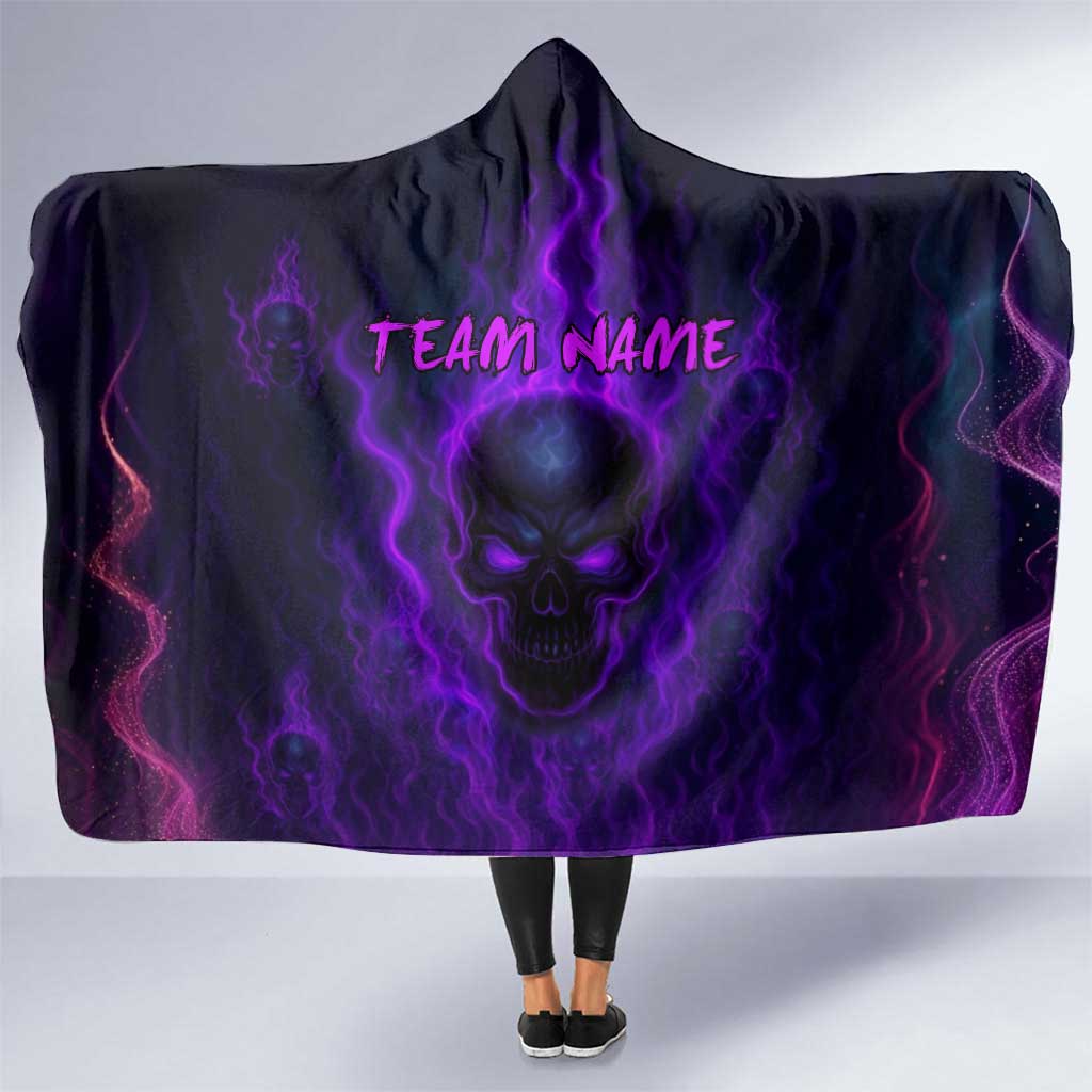 Custom Bowling Purple Flame Skull Hooded Blanket Custom Team Name on Dark Background - Wonder Print Shop
